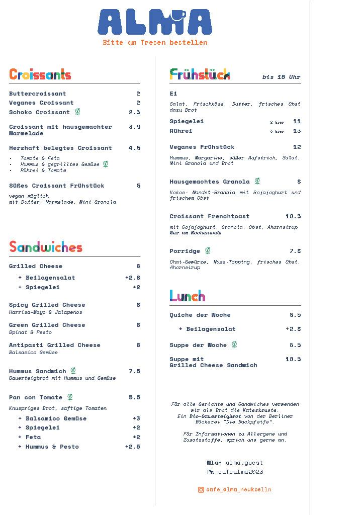 Deutsche Speisekarte im Café Alma Neukölln