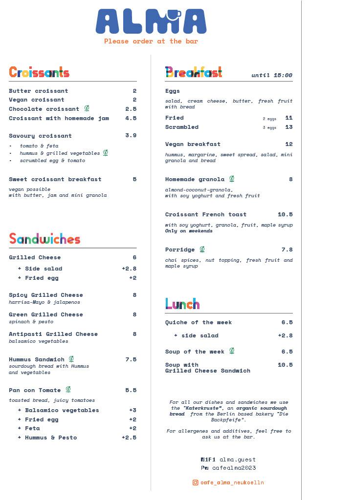 English food menu for Café Alma Neukölln